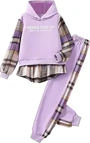 [Hilinker] Girls Plaid 2 Piece Outfits Graphic Color Block Hoodie and Sweatpants Set