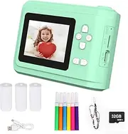 Kids Camera Instant Print, 2.4in Screen 1080p Photo Instant Camera, Digital Video Camera with 32G Card and 3 Rolls Photo Paper, Kids Portable Toy with Mp3 Player, Funny Gifts for Girls Boys Green