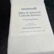 Nestwell Silky & Smooth Cotton Sateen 400 TC Twin Flat Sheet in White