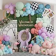 Wonderland Balloon Arch Garland Kit 155pcs Pastel Balloons with Teapot Checkered Flag Mylar Balloon for Fairy First Birthday Tea Party Onederland Birthday Party Decoration