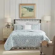 [Laura Ashley] Queen Quilt Set, Reversible Cotton Bedding with Matching Shams, Lightweight Home Decor for All Seasons (Mia Blue, Queen)