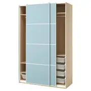PAX / MEHAMN wardrobe with sliding doors, white stained oak effect/double sided light blue, 150x66x236 cm