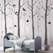 Birch Tree Nursery STENCIL Set Paint nursery Walls Forest & Birds Wall Decor