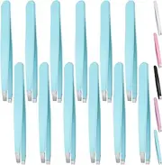 Swpeet 12Pcs 3.79 Inches Blue Eyebrow Tweezers Stainless Steel Slant Tip Tweezers Kit, Professional Eyebrow Facial and Hair Remover, Slant Pointed Precision Tweezers Fits for Men and Women