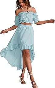 LYANER Women's Two Pieces Outfits Off Shoulder Crop Top and High Low Skirt Set