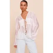 Cream Chiffon Tie Front Ruched Blouse, Cream