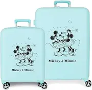 [Disney] Mickey & Minnie Kisses Turquoise Suitcase Set 55/70 cm Hard ABS Built-in TSA Closure 88L 6.8 kg 4 Double Wheels Hand Luggage, Blue, One Size, Suitcase Set, Blue, One Size, Suitcase Set