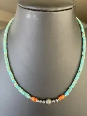 Turquoise Heishi Bead Necklace Santo Domingo Spiny Oyster Navajo Pearl 18" SS925