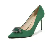 Women's Stiletto Heel Slip on High Heels Pumps Pointed Toe Suede Dress Shoes-green