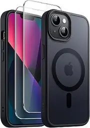JETech 3 in 1 Magnetic Case for iPhone 13 6.1-Inch with 2-Pack Tempered Glass Screen Protector, Compatible with MagSafe, Translucent Matte Back Shockproof Phone Cover (Black)