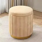 Round Velvet Storage Ottoman,Upholstered Foot Rest Stool with Storage and Gold Plating Base for Living Room Bedroom,Modern Padded Seat Ottoman Coffee Table,Sponge Vanity Stool Chair (Cream)