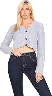 [Janisramone] Womens Ladies New Long Sleeve Cable Knitted 3 Button Crop Jumper Cardigan Party Short Warm Sweater Top