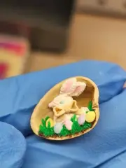 Tiny EASTER bunny with eggs Polymer Clay Theme Scene Inside Pistachio Shell OOAK