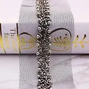 Lace Ribbon，Lace Trim， lace Ribbon 1Yard 1.5cm Pearl Beaded Handmade Lace Trim Wedding Dress Mesh Lace Ribbon Bridal Applique Fabric Sewing Craft(As Picture)