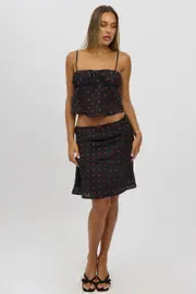 Black Polka Dot Picot Trim Midi Skirt Chiffon Lined - Size 16XL, Women's Midi Skirt
