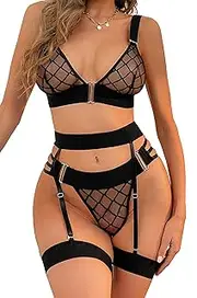 [YCAngela] Women's Lingerie Sets with Garter Belt Strappy 4 Piece Bra and Panty Sets with Thigh Cuffs Sexy Outfit for Women