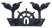 Mermaid Tail Ship Wheel Coat Wall Double Hooks Distressed Blue Cast Iron Beach