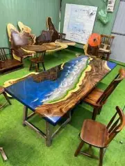Custom Walnut Ocean Wave Epoxy Table. Handmade Wooden Art Living Decor