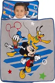 Disney Mickey Mouse Clubhouse Buddies Padded Toddler Nap Mat with Built in Pillow, Fleece Blanket, & Name Label for Daycare, Kindergarten or Travel, Grey, Blue, Yellow, Red