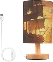 [YXYZRMY] Table Lamp Ship Fire Sunset for Bedroom Living Room Desk Lamp with USB Port Nightstand Lamp with Round Flaxen Fabric Shade for Dorm Home Office LED Bulb Included