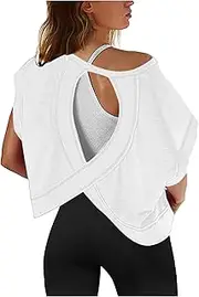[FZVYD] Workout Tops for Women Open Back Short Sleeve Shirts Backless Gym Yoga Athletic T Shirt Trendy Running Crop Tee Top
