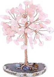 Jovivi Natural Pink Rose Quartz Crystal Tree on Agate Slice Base Healing Stones Gem Money Tree for Home Office Table Decorations