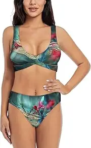 [JEJEA] Dragonfly On The Flower Print Womens Bikini Sets Sexy Two Piece Halter Swimsuits Bathing Suit Swim Suits 2025