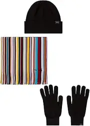 PS Paul Smith Men's Classic Beanie, Gloves and 'Signature Stripe' Scarf Gift Set, Black, Black, One Size