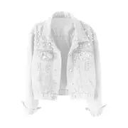 Women Denim Jacket Solid Color Single-breasted Short Breathable Keep Warm Beads Decor Long Sleeves Cardigan Imitation Pearl Autumn Coat White XL