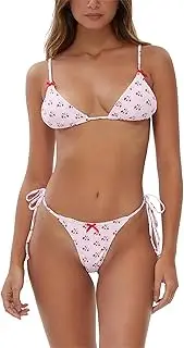 [Raruxxin] Women Halter String Bikini Set Y2k Cherry Print Bra Side Tie Triangle Thong 2 Piece Bathing Suit Swimwear Outfit