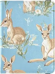 [Amooorous] Cartoon Cute Brown Kangaroo Blue Sky Leather decorative family passport holder Travel Documents Organizer Protector Passport Holder Combo with Vaccine Card Slot Lightweight, Cartoon cute brown