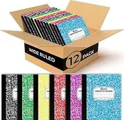 Rosmonde Wide Ruled Composition Notebooks 12 Pack, 200 Pages (100 Sheets), 9-3/4 x 7-1/2", Hard Cover, Sturdy Sewn Binding, Assorted Fun Colors Marble Composition Book, School & Office Note Book
