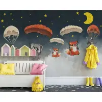 在飛比找蝦皮購物優惠-定制北歐創意紙盒動物降落傘3d牆紙兒童房臥室沙發背景牆裝飾自
