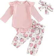 [Generic] Halloween Baby Set Long Sleeve Pumpkin Print Pants + Headband 3 Set Children Outfits Girls Long Sleeve Set (Pink, 12-18 Months)