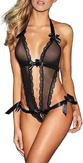 [WMZRKY] One Piece Womens Sexy Lingerie Deep V Halter Lingerie Lace Bodysuit Backless Babydoll Black, Black