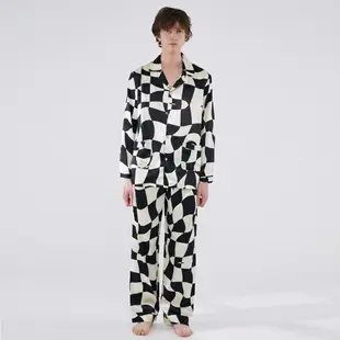 NotJustPajama男士真絲套裝新款棋盤格居家服/品牌純真絲睡衣套裝/高級桑蠶絲睡衣套裝/情侶睡衣