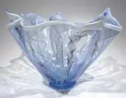 HAND BLOWN GLASS ART FLUTED BOWL, CENTERPIECE, GLASS CANES, BLUE, DIRWOOD, n3798