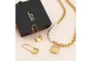 Boxed Dainty Lock Earrings and Pearls Lock-Pendant Necklace Set in Gold Layered
