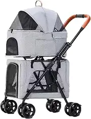 2 Layers pet Stroller for Dogs and Cats,4 Wheels pet pram cart with mesh Window and Door,Foldable pet Trolley with Detachable Cabin Bag,Swivel Front Wheel,Rear Wheel with Foot Brakes