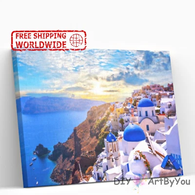 Paint By Numbers Kit Santorini Ocean Home Art Canvas Kids Oil Painting Decor DIY
