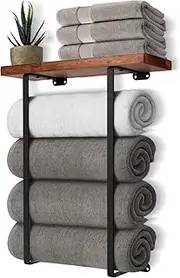 DAZUINIAO Towel Racks for Bathroom Wall Mounted Towel Rack with Wooden Shelf Towel Holder for Rolled Towels Metal Towel Storage Black