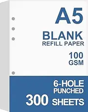 (3-Pack) A5 Blank Paper, Refills for Filofax Planner, Organizer, Binders, 6 Hole Punched, Total 300 Sheets/600 Pages, 100gsm, White, 5.8 x 8.2 Inch