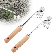 NQEUEPN 2pcs Upgrade Uprooting Weed Puller Tool, Multi-Purpose Manual Weeding Tool 4-Teeth Weed Remover with Wooden Handle Portable Hand Weeders for Gardening Farm Yard Backyard