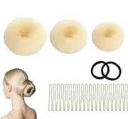 Hair Bun Maker Set, 15 Pieces, Bun Maker Kit with 3 Beige Hair Donuts, 10 Golden U Pins and 2 Hair Rings, Ideal for Updos, Bun and Stylish Hairstyles for Women