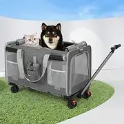 PaWz Pet Carrier with Detachable Wheels for Cat Dog, Large Collapsible Carrier with Telescopic Handle, Breathable Mesh and Safety Rope, 2 Compartment for Dogs Cats Travel Bag for Pet up to 50 kg,Grey