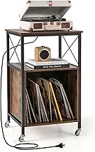 Giantex Record Player Stand, Turntable Stand w/Built-in Charging Station, Mid-Century Side Table, Vinyl Storage Cabinet w/Metal Legs, Home Display Shelf for Study Bedroom Living Room