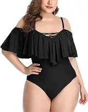[GDYJP] Plus Size One Piece Swimsuits for Women Off Shoulder Flounce Bathing Suits Ruffle Tummy Control Swim Suits (Color : Black, Size : 3X-Large)