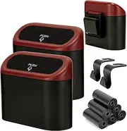 Ginsco Mini Car Trash Can with Lid, 2 Pack ABS Small Car Trash Bin, Car Accessories for Interior, Cute Leakproof Car Garbage Bin, Home, Office with 2 Hooks and 90pcs Trash Bags Red