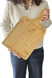 Linwnil Premium Bamboo Serving Platter - Extra Large 17.3 x 9.5 inches Wooden Cutting Board with Handle - Elegant Cheese & Pizza Tray for Baking, Serving & Display