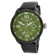Citizen Men's Watch Avion Eco-Drive Green Dial Black Leather Strap AW1735-03X